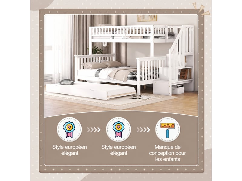  Lit superposé enfant avec escalier et rangements, lit gigogne, pin massif et mdf blanc, 90 x 200 et 140 x 200 cm  - Conforama E