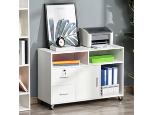 Support d'imprimante à 2 tiroirs meuble de rangement sur roulettes étagères ouvertes et placard, 100 x 35 x 65 cm, blanc