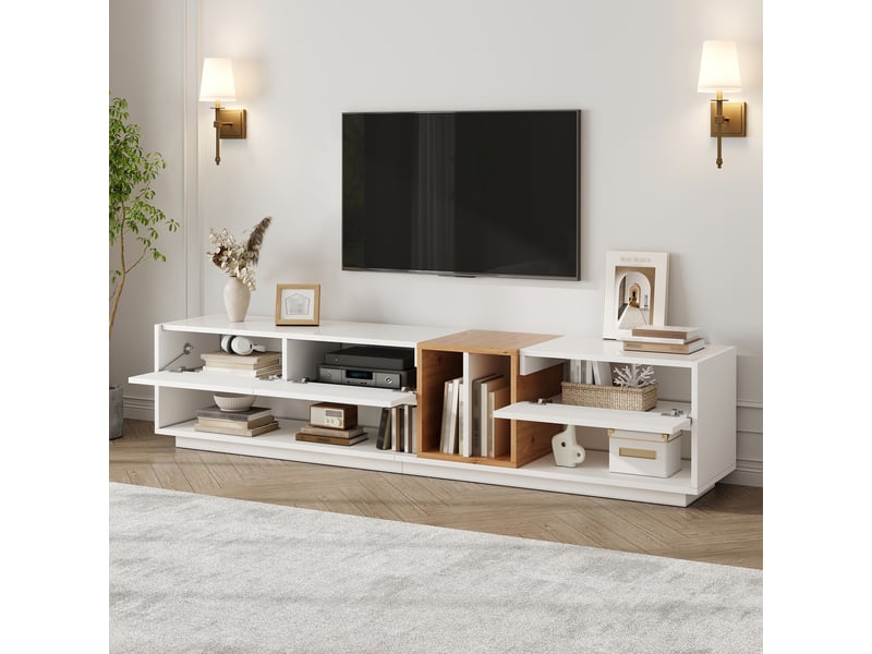  Meuble tv 190 cm avec led pilotée par appli, 3 portes, niches ouvertes, passe-câbles, façade blanc brillant, effet bois, grand rangement salon  - Conforama D