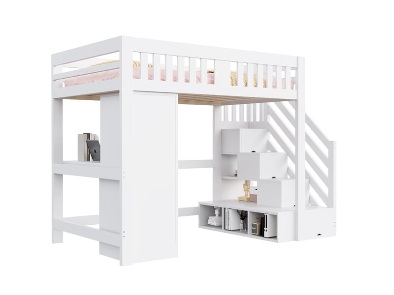 Lit mezzanine 140x200 cm avec bureau, rangements et led multicolores, blanc - Conforama A