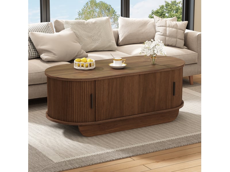  Table basse ovale relevable avec rangement et portes à rideau en mdf, finition noyer  - Conforama C