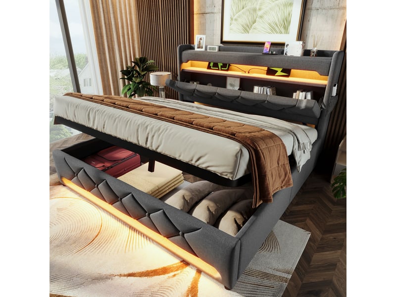  Lit coffre hydraulique 180x200 cm rembourré avec tête de lit rangement-led 360° et usb-c-sommier à lattes en lin-gris  - Conforama B