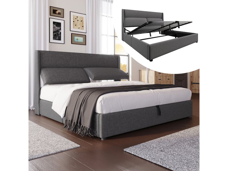  Lit coffre gris 160x200 cm avec matelas inclus et tête de lit réglable  - Conforama B
