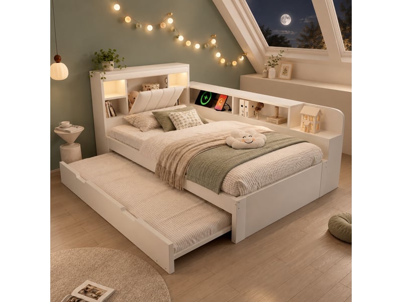  Lit gigogne 90x200 cm, couchage gigogne, liseuse, usb et usb-c, sommier à lattes, grand rangement, gain de place - blanc  - Conforama B