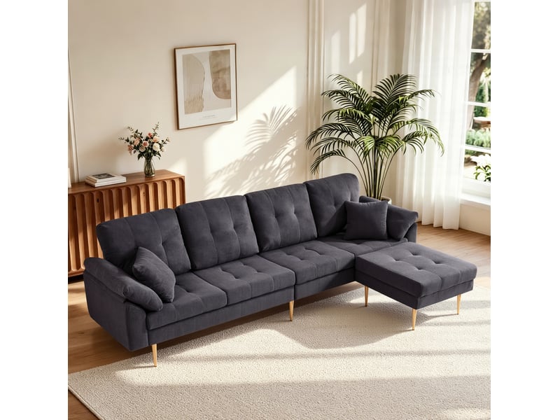 Canapé modulaire 4 places avec pouf libre, configuration d'angle et assise rembourrée en velours côtelé gris foncé - Conforama B