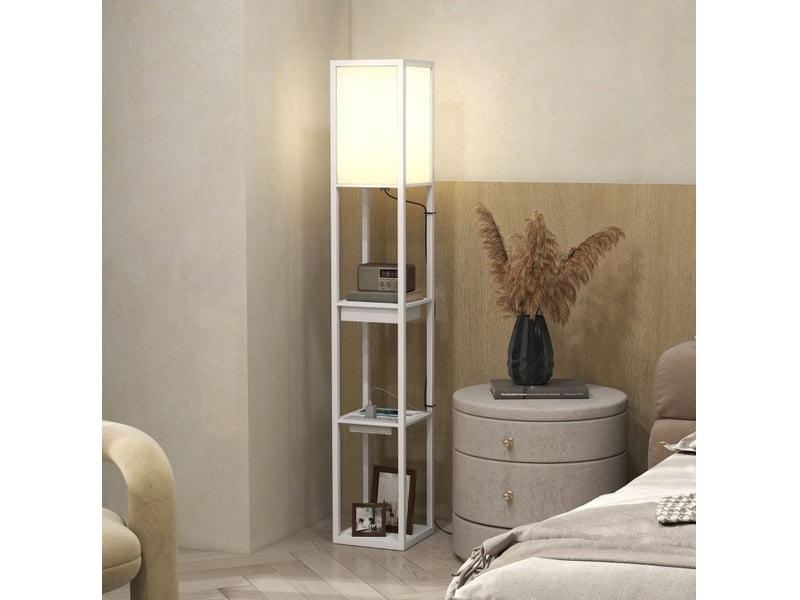  Lampadaire 26x26x159 cm avec 3 compartiments ouverts, ports usb et interrupteur au pied, mdf blanc  - Conforama C