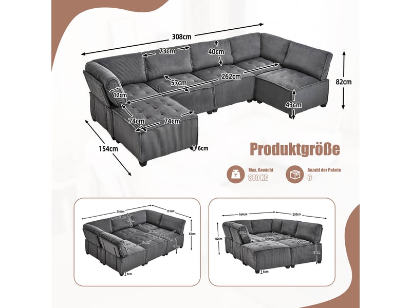  Canapé d'angle panoramique convertible 6 places velours gris canapé d'angle gris - Conforama C