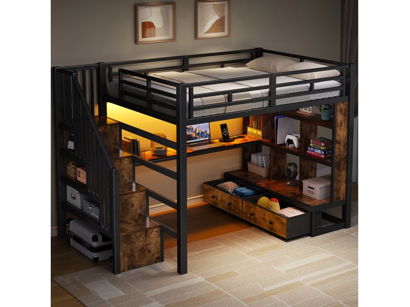  Lit mezzanine 140x200 cm, escalier de rangement, en mdf, métal, noir, bureau, lit enfant éclairage led, 2 tiroirs, sans matelas  - Conforama B
