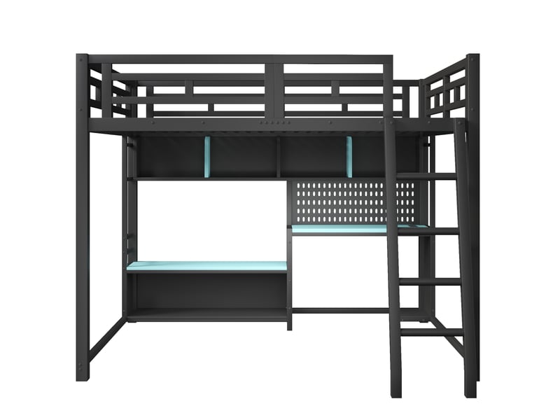  Lit mezzanine 140x200 cm noir et bleu en mdf et métal, bureau, étagères et éclairage led rgb intégré  - Conforama D
