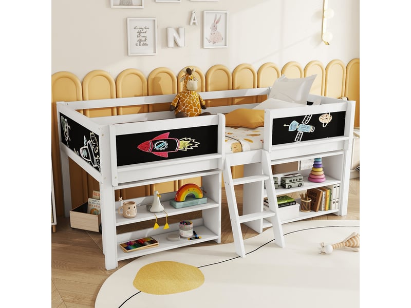 Lit simple 90×200 cm avec plusieurs étagères de rangement, lit enfant avec balustrade et échelle, cadre de lit en bois de pin, blanc  - Conforama R