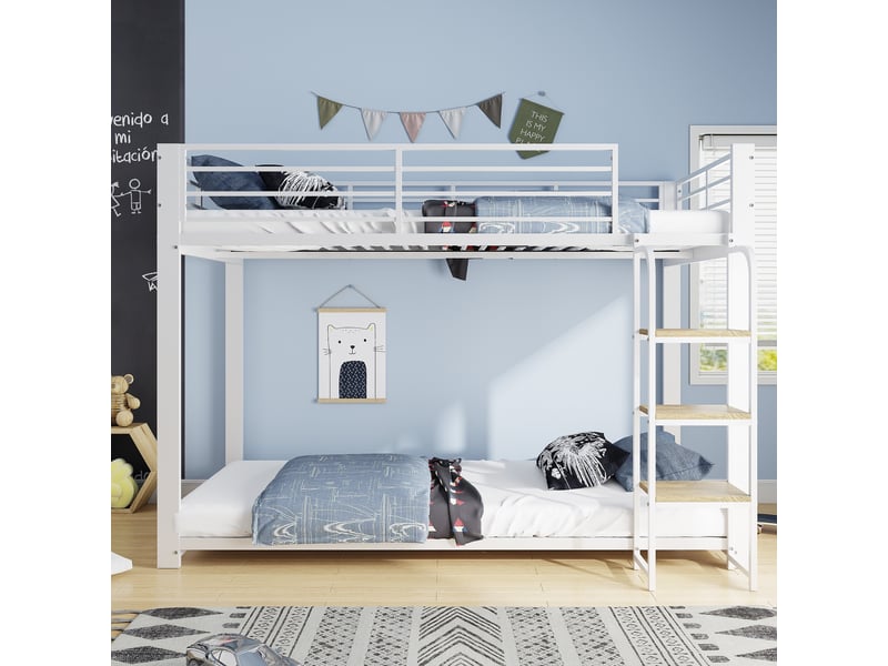  Lit superposé 90x200cm - lit simple enfant en métal avec échelle à marches en bois - barrière de sécurité haut - blanc  - Conforama C