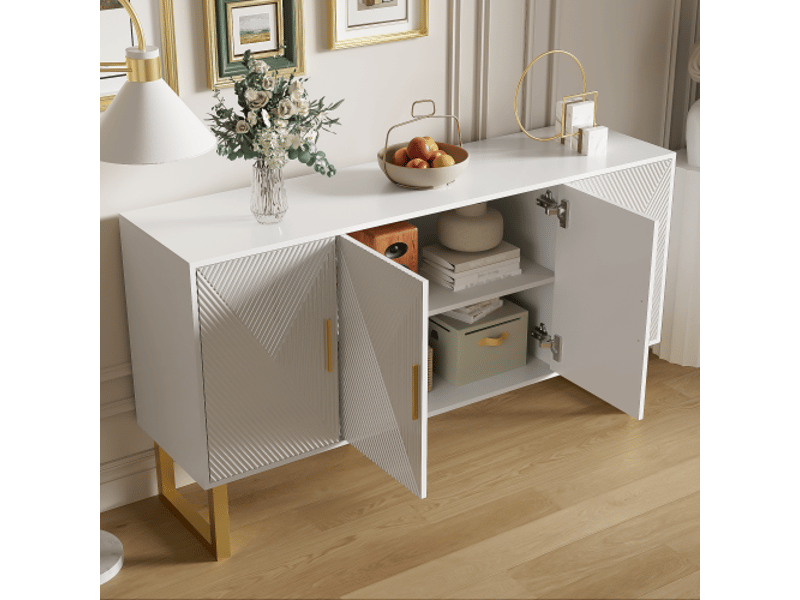 Buffet bas 150 cm blanc laqué avec 4 portes texturées et poignées dorées, bahut moderne luxe avec étagères réglables - Conforama D