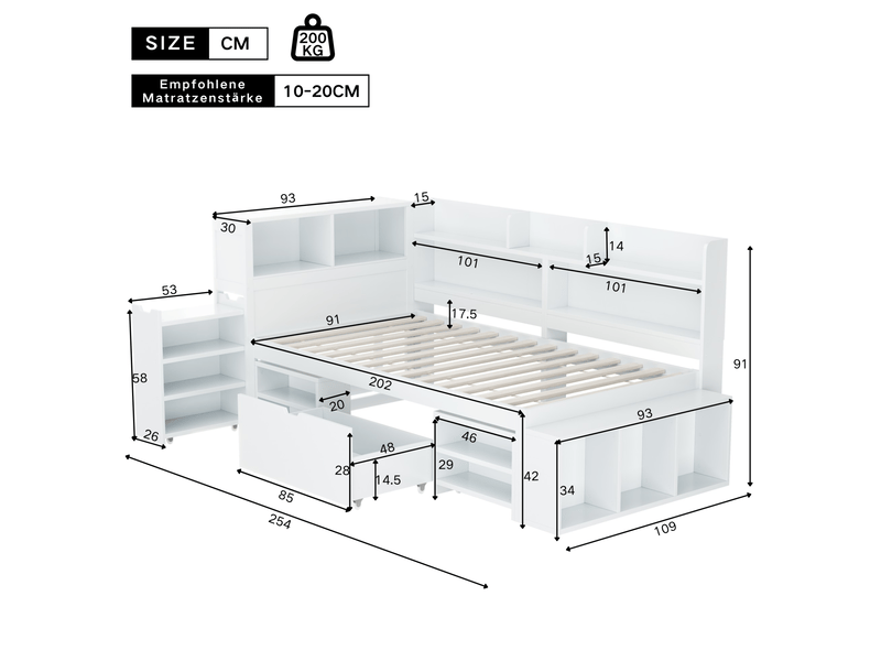  Lit simple enfant 90x200 cm – blanc – tiroir, étagères, rangements et sommier à lattes - sans matelas  - Conforama C