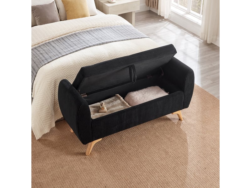  Banc de rangement pliable 145 x 51 x 57 cm en velours côtelé noir avec pieds en bois  - Conforama D