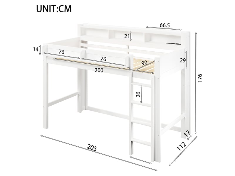  Lit mezzanine enfant 90x200 cm avec led et étagères, lit simple avec aire de jeux dous le lit et port usb, en bois blanc Bubbly - Conforama E