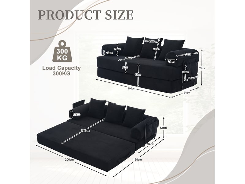  Canapé modulaire 3 places 200x94x67 cm – noir – velours côtelé, 3 coussins et poche latérale pratique  - Conforama D