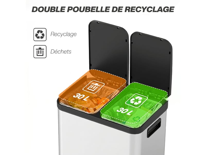  Poubelle de cuisine 2x30l à pédale en acier inoxydable argent 48,8x39,5x67 cm  - Conforama D
