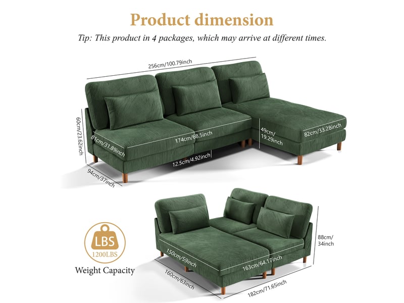 Canapé d'angle réversible en velours cotelé - 2 places + méridienne - vert - 256 x 160 x 88 cm 256x160x88cm - Conforama F