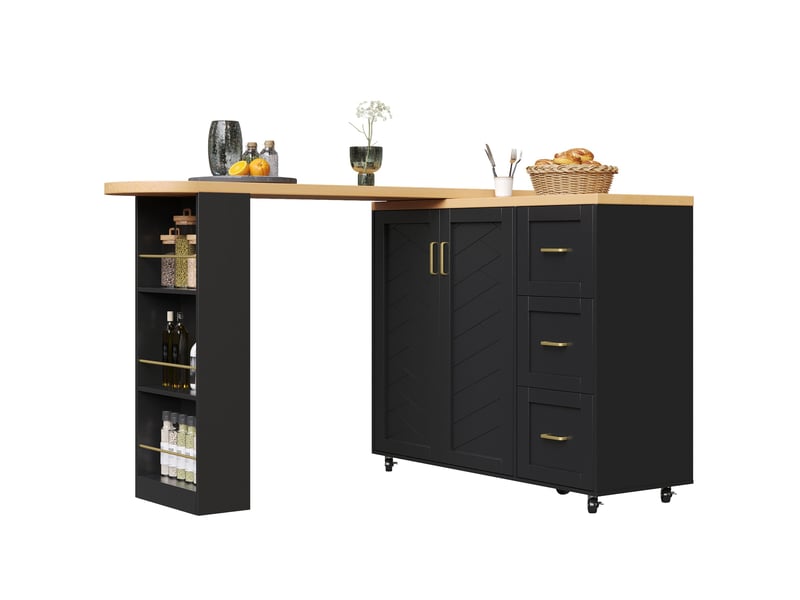 Desserte de cuisine extensible avec 2 portes, 3 tiroirs et roulettes pour cuisine et salon en mdf et métal noir - Conforama A
