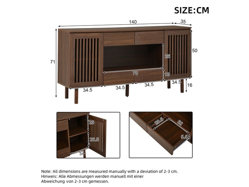  Buffet 140 x 35 x 71 cm 4 tiroirs bahut 2 portes à lamelles 5 pieds en bois massif structure en mdf coloris noyer charge maximale de 70 kg rangement intégré  - Conforama C