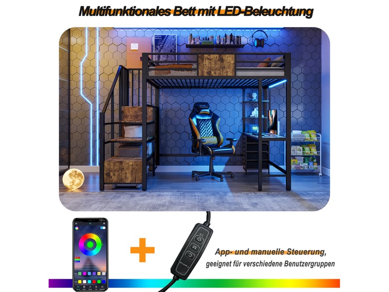  Lit superposé 140x200 cm, lit enfant, bureau, penderie, led, prise intégrée, métal noir  - Conforama R