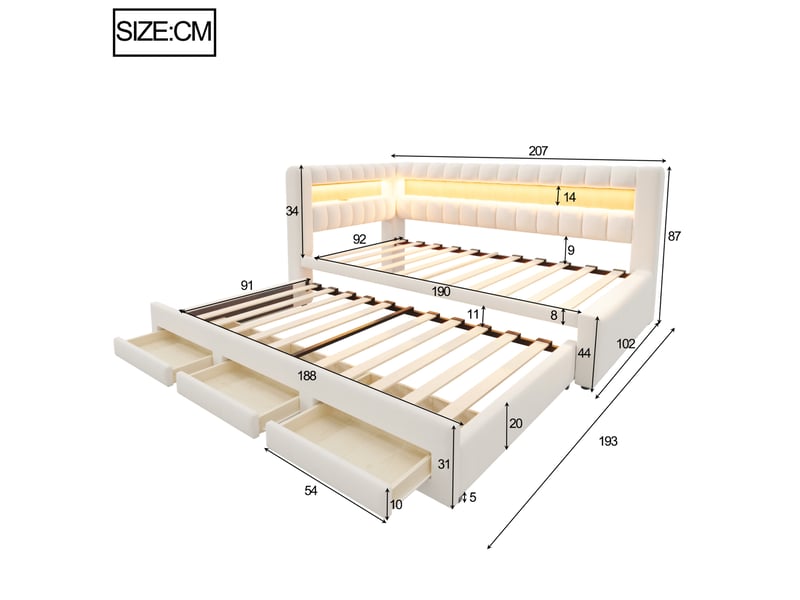  Lit banquette 90x190 cm en velours beige avec lit gigogne, tiroirs, led et usb  - Conforama C