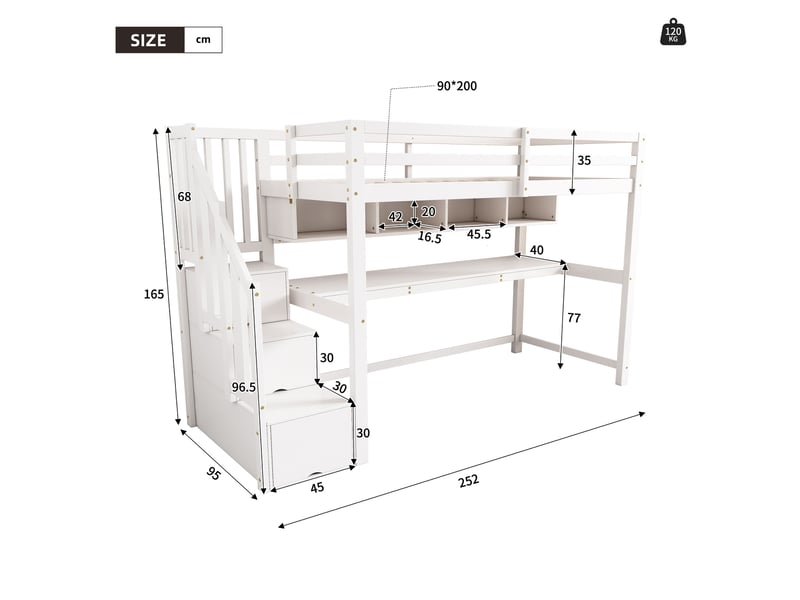 Lit mezzanine enfant 90 × 200 cm 1 place avec escalier de rangement, bureau et étagères, sans matelas, blanc - Conforama D