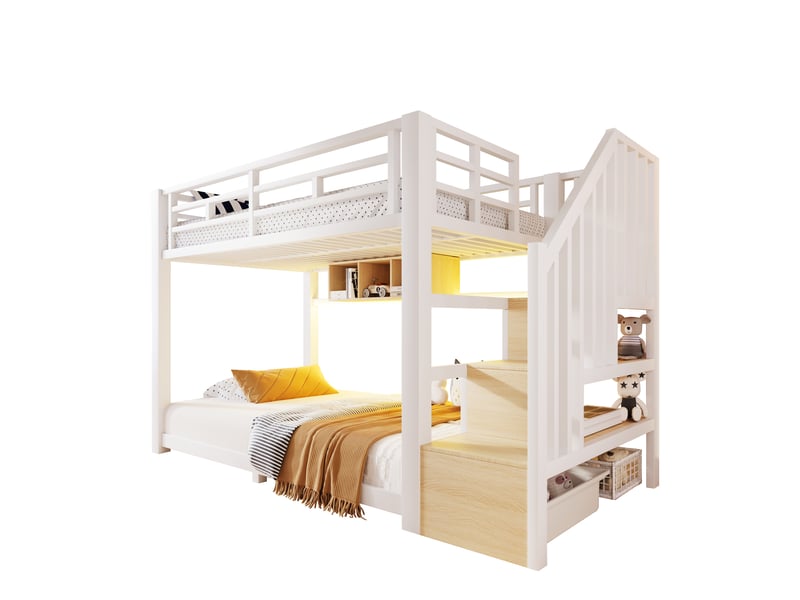 Lit superposé 90x200 cm, lit enfant avec escalier rangement, 3 niches, led via application, garde-corps, métal (sans matelas), blanc CozyNest - Conforama A
