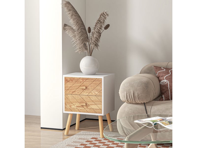  Chevet table de nuit design scandinave 40l x 30l x 56h cm tiroirs bois massif pin mdf blanc et hêtre motif graphique  - Conforama W