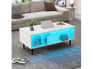 Table basse relevable avec rangement, led et portes coulissantes en verre pour salon, 105 × 50 × 43 cm