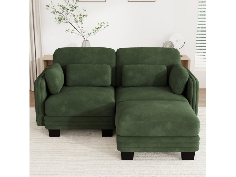  Canapé d’angle modulable tcqpz 2 places 176 x 143 x 88 cm avec pouf vert en chenille  - Conforama D