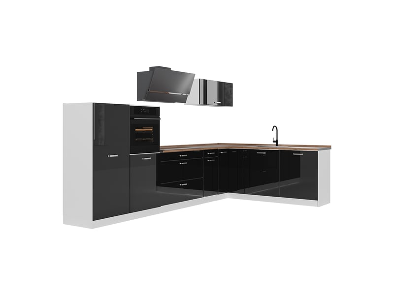 Vicco cuisine en angle, noir haute brillanceblanc, 347 x cm plan de travail chêne doré  - Conforama A