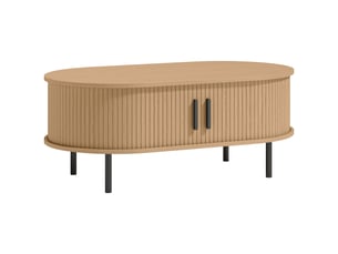 Table basse ovale en bois, table de salon moderne avec portes coulissantes et rangement caché, bois naturel, 100x55x40cm