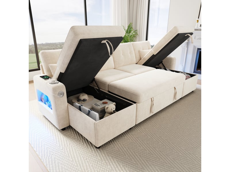 Canapé d’angle convertible u 4-5 places 266 cm, double méridienne, rangements, usbusb-c, porte-gobelets, led 3 couleurs, chenille beige Morn Vibe - Conforama C