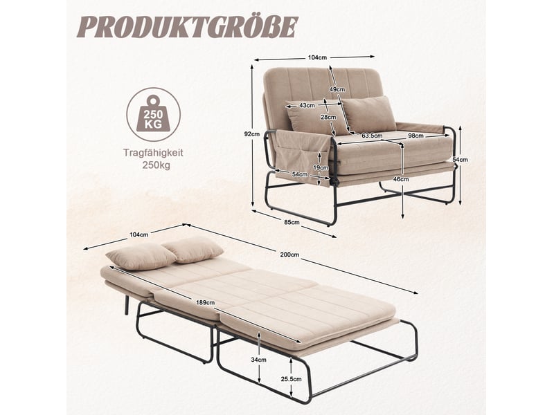  Canapé convertible 2 places avec poches latérales et coussin lombaire en chenille kaki, 104 × 85 × 92 cm  - Conforama D