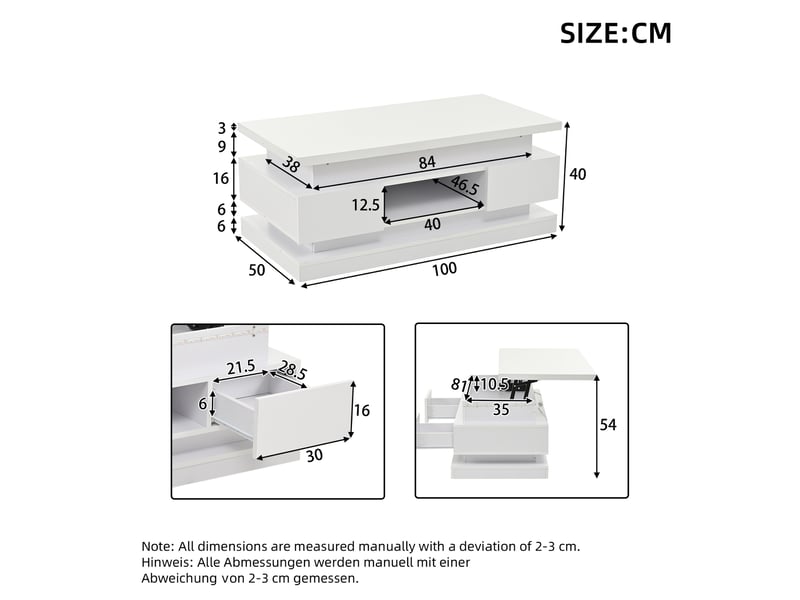  Table basse relevable 100 x 50 x 40 cm avec 2 tiroirs, table d'appoint laquée brillante avec éclairage led, table console, table basse, table de salon avec rangement dissimulé, blanc, panneaux de particules  - Conforama C