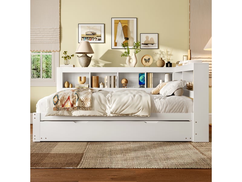  Lit banquette 140x200 avec lit gigogne et tiroirs - prises usb pin massif blanc  - Conforama B