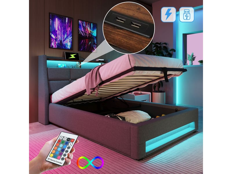  Lit simple 90 x 200 cm port usb éclairage led cadre métal revêtement en lin matelas inclus  - Conforama E