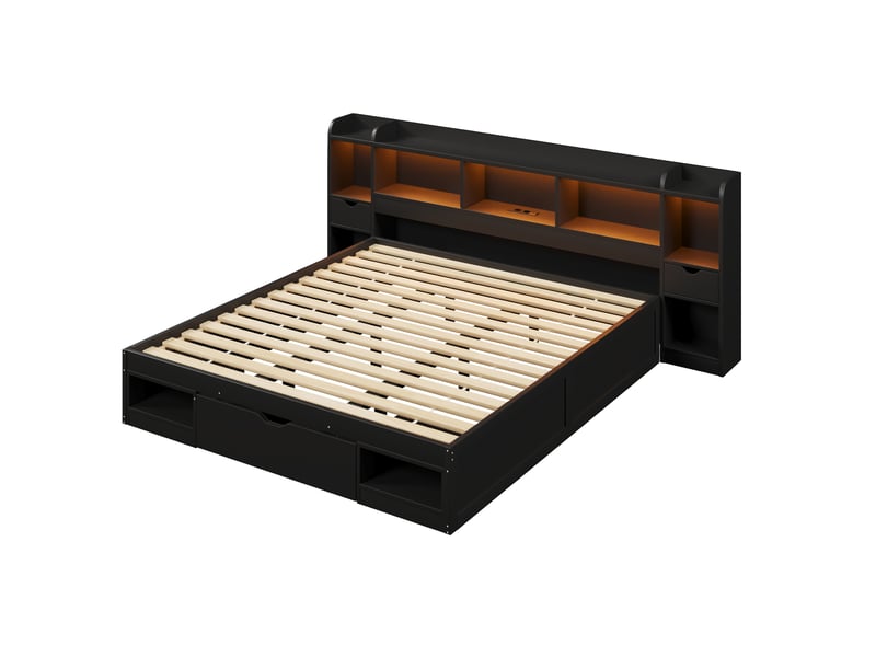  Lit adulte 180 x 200 cm, avec tête de lit dotée d'un espace de rangement, de tiroirs, d'une lampe led et d'un port usb, noir  - Conforama E