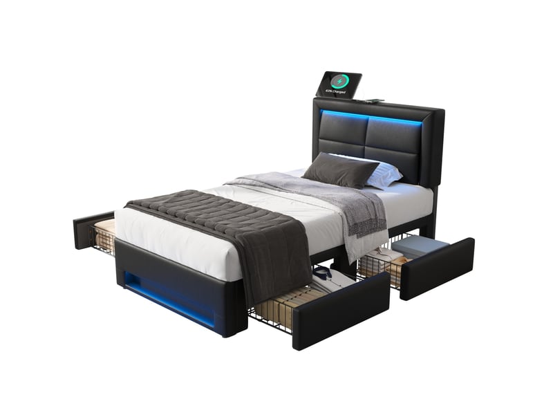  Lit 1 place 90x200 cm avec usb, recharge sans fil, led et 4 tiroirs, pu noir  - Conforama A