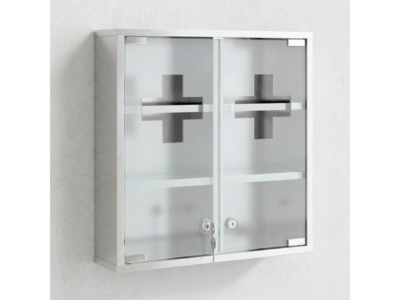 Armoire à pharmacie murale avec portes en verre verrouillables 2 clés, étagères de rangement, 46 x 12 x 48 cm, argenté - Conforama B