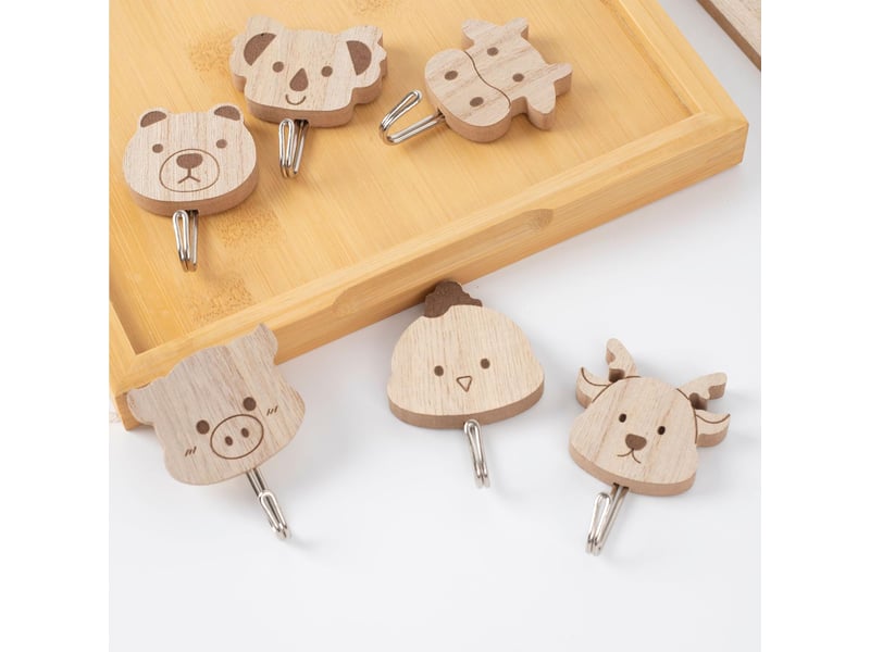 6 crochets animaux en bois, crochet adhésif sans percage, décoration enfant, chambre salle de bain cuisine, idéal pour sacs à dos, robe, marron - Conforama E