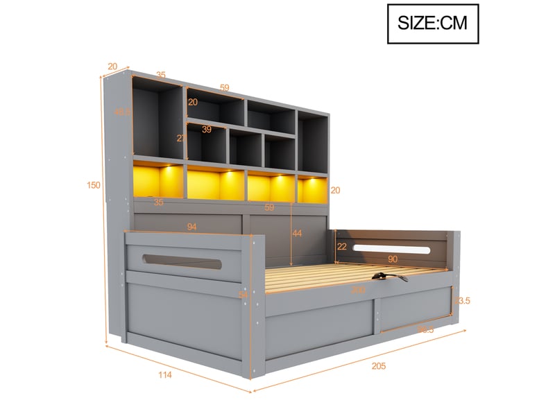  Lit jeune, lit simple, 90x200 cm, couchage individuel, doté d’un espace de rangement, led, prises, mdf, coloris gris  - Conforama C