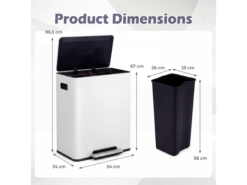 Poubelle cuisine tri sélectif 60l, poubelle recyclage à pédales en acier inoxydable avec double compartiments, couvercle verrouillable (blanc) - Conforama C