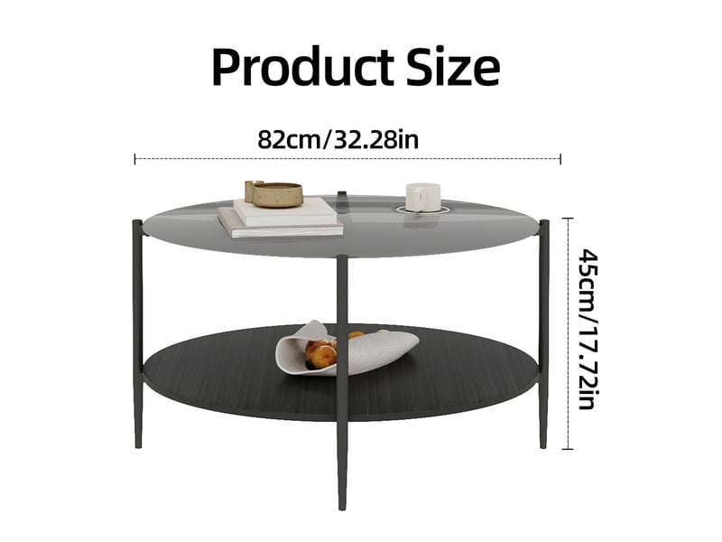  Table basse ronde à 2 niveaux – verre trempé fumé noir et bois – ø 82 x h 45 cm  - Conforama D