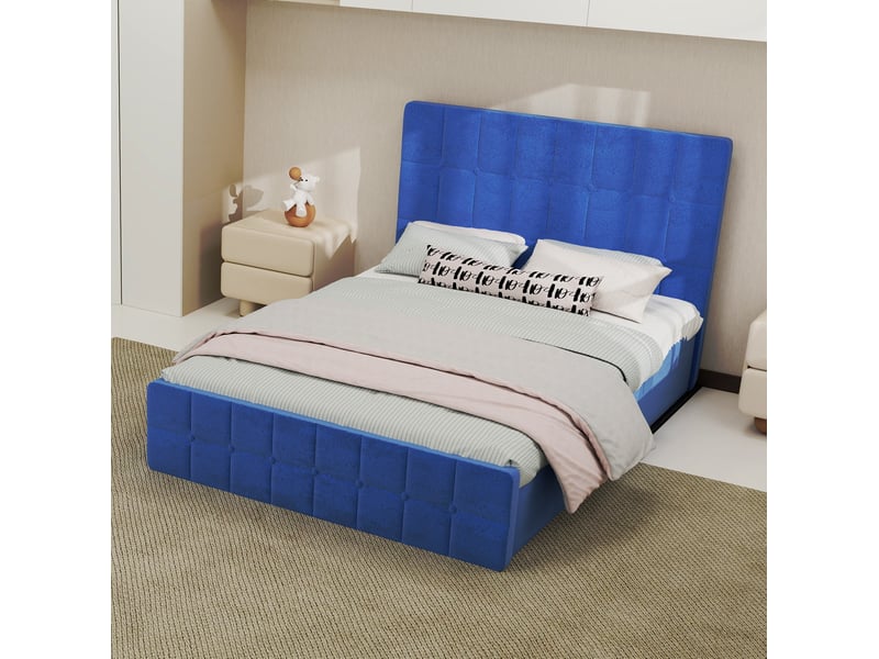  Cadre de lit rembourré modenvie en velours bleu marine 140 x 200 cm avec tête de lit et espace de rangement  - Conforama E