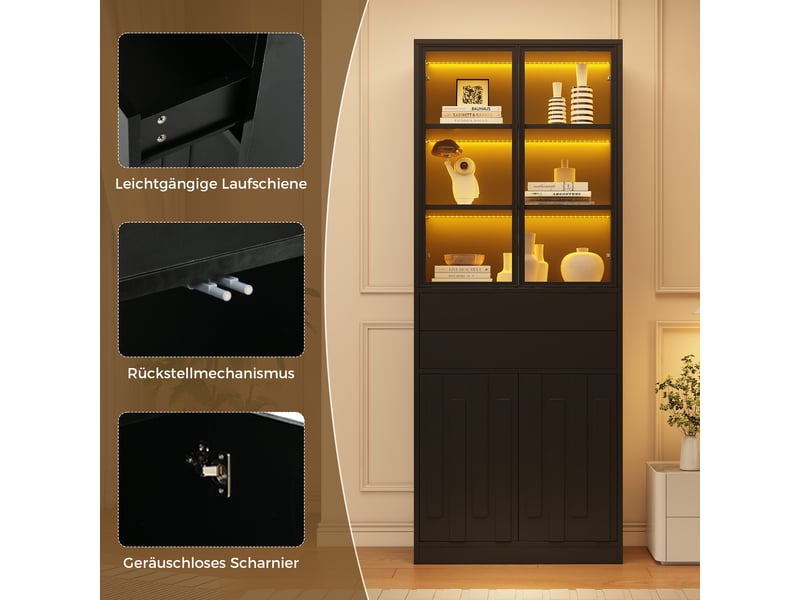  Lot de 2  vitrine led 140x34x180 cm, grand rangement avec 8 portes et 4 tiroirs, bluetooth, noir  - Conforama D