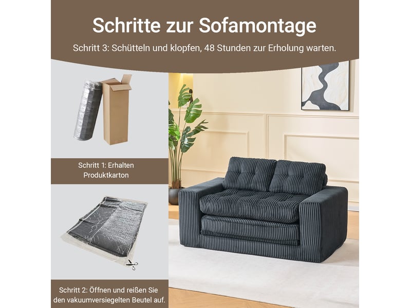  Canapé droit convertible 2 places en velours côtelé noir 140 cm, format compact pour petits espaces et invités  - Conforama D