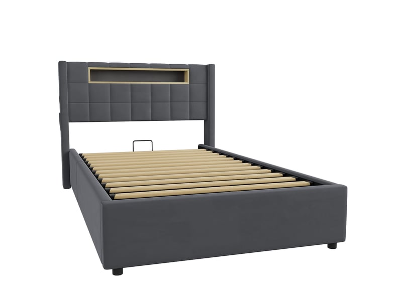  Lit coffre simple 90x200 cm, avec recharge, velours gris (sans matelas)  - Conforama E
