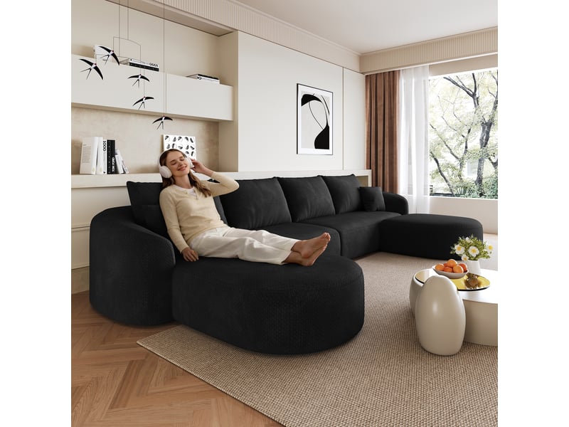  Canapé modulable d'angle en u 336x168cm, structure sans bois, revêtement tissu noir, design contemporain pour salon  - Conforama E